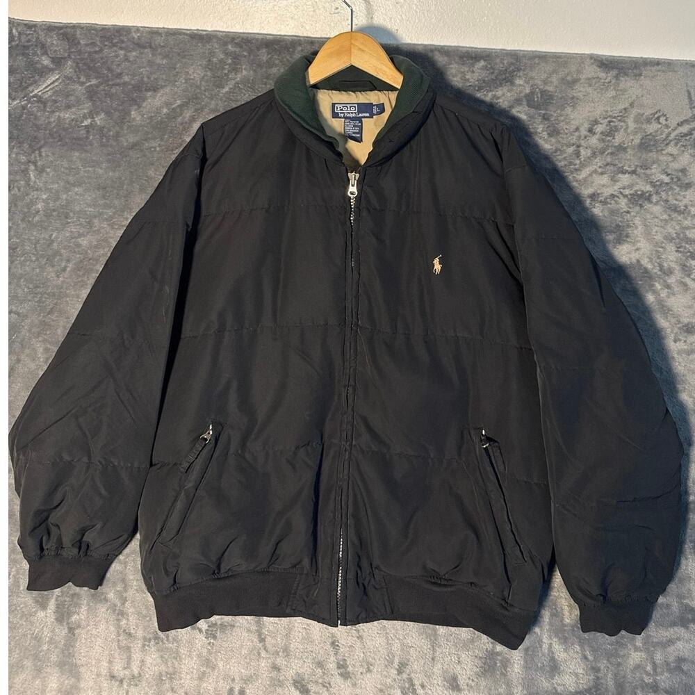 VTG 90s Polo Ralph Lauren Down Puffer Jacket Black Green Collar Mens Large L